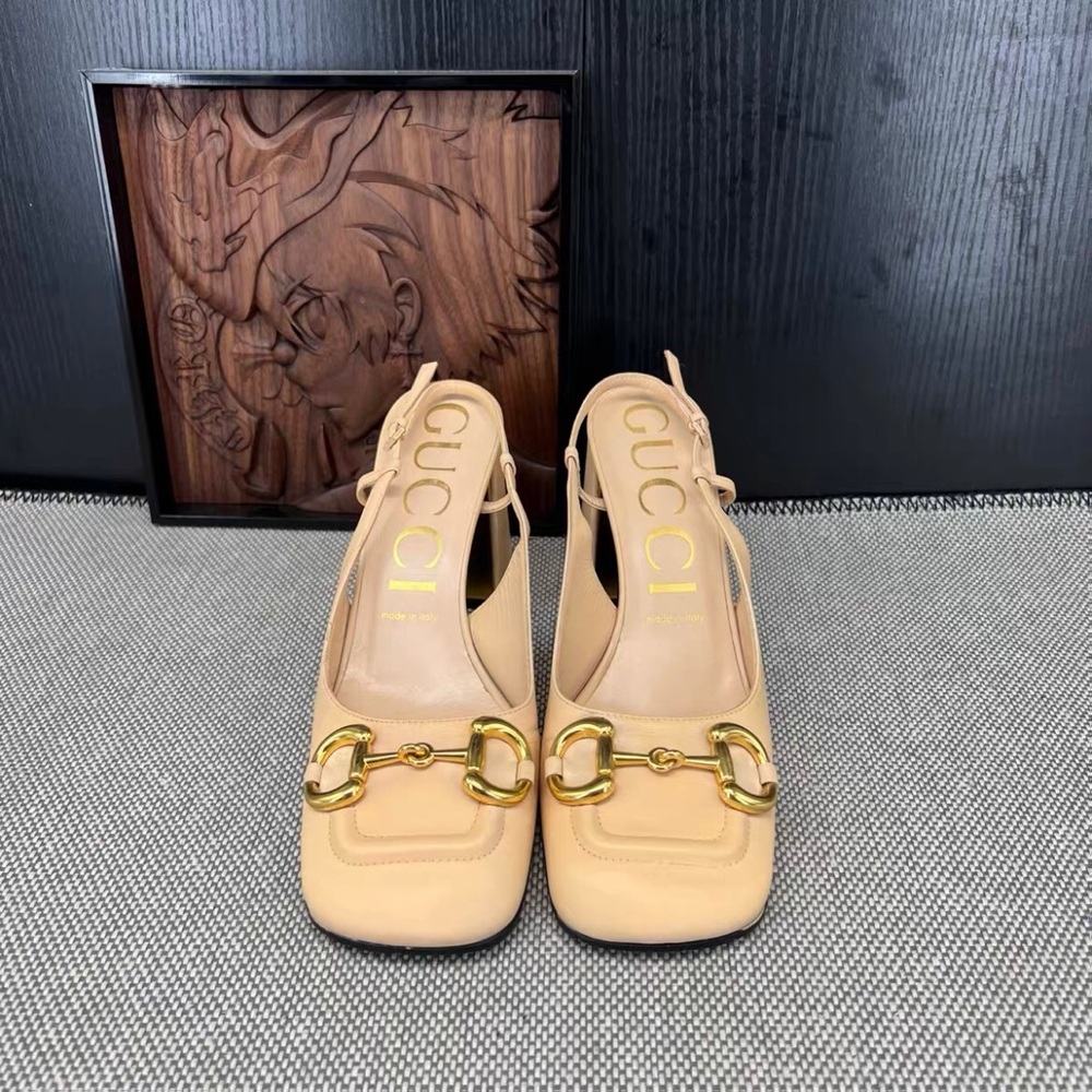 Gucci Women's Cream Leather Heels with Gold Accents